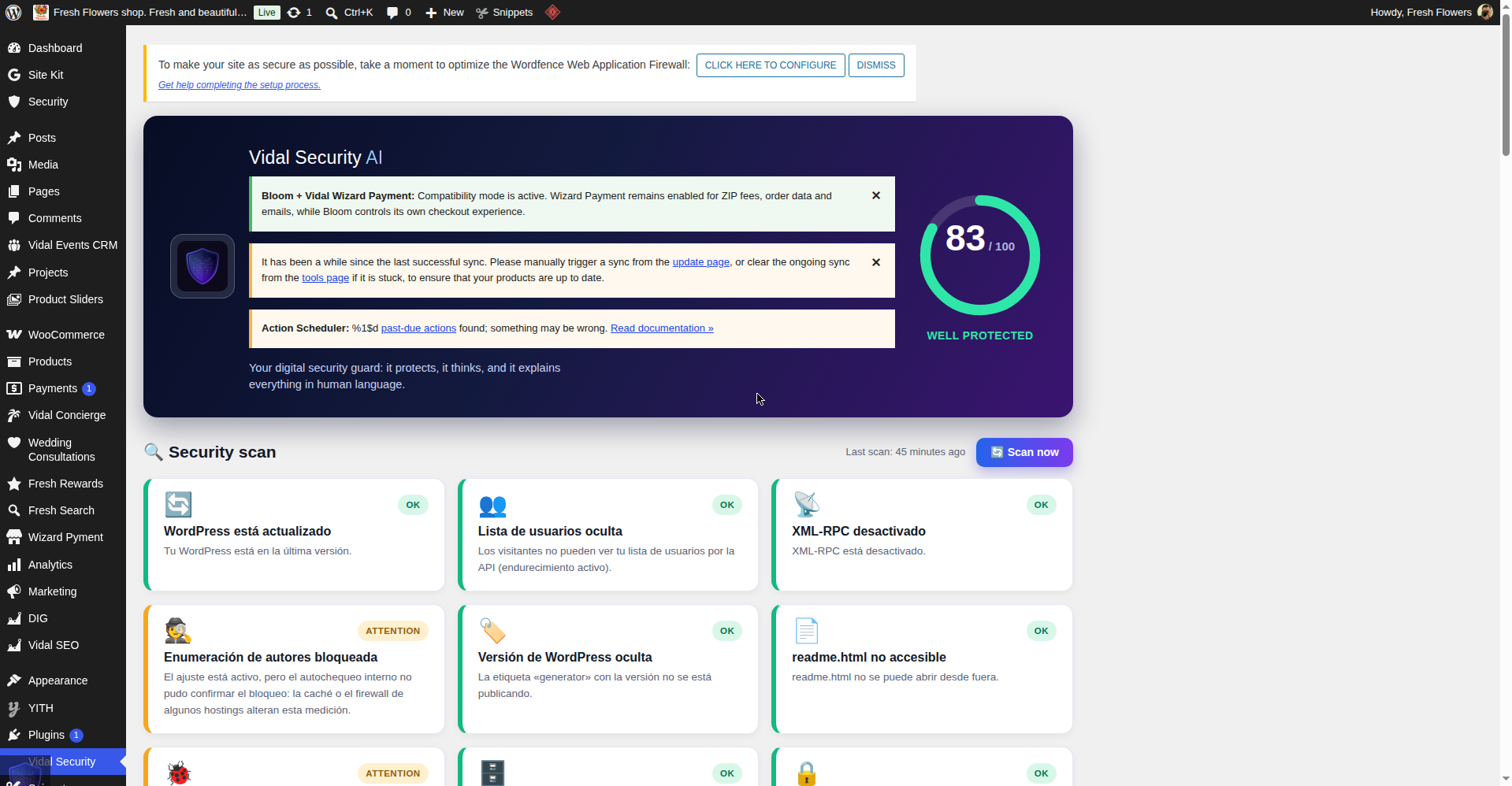 Real Vidal Security AI panel with the security score