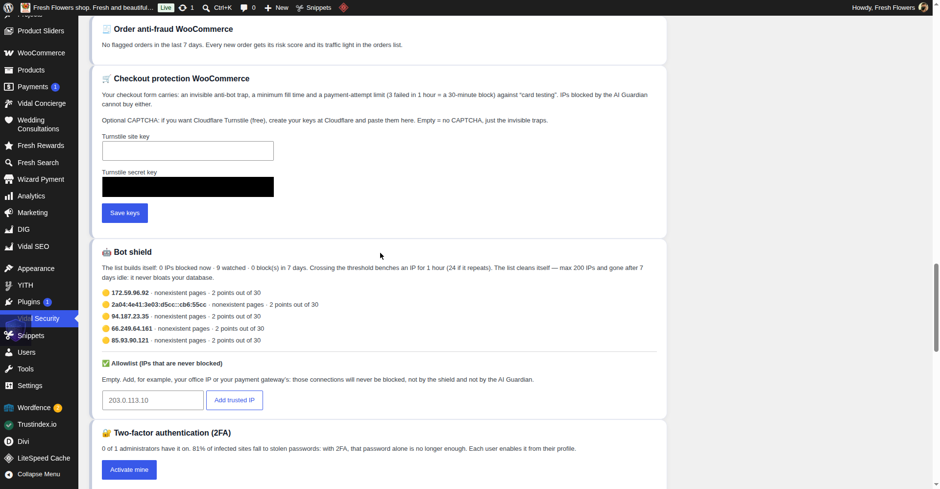 Bot shield screen in English showing blocked IP addresses with threat scores
