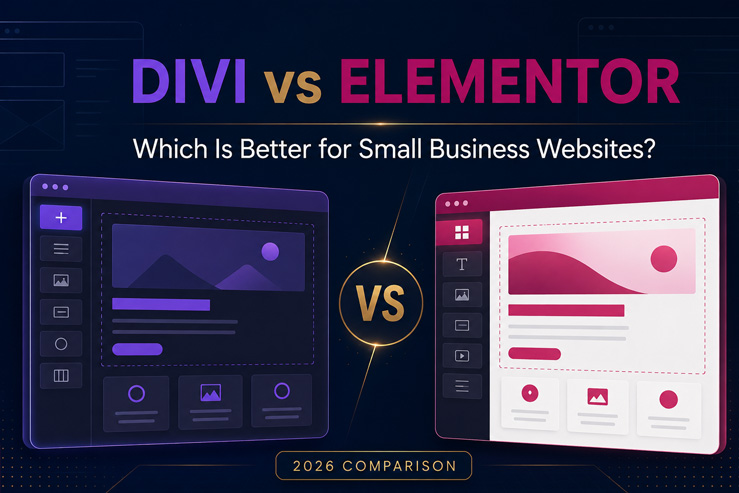 A comparison graphic of Divi and Elementor for small business websites.